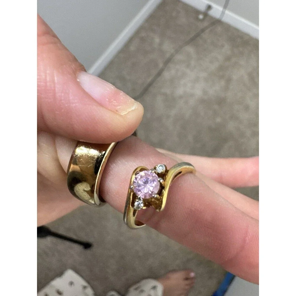 Gold Ring with Pink Round Gemstone and Accent Stones, Sizable